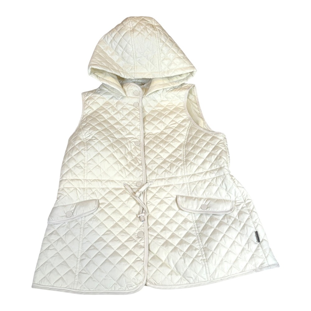 GH‎ Bass Quilted Puffer Vest Hooded Cream Beige Drawstring Pockets Women M